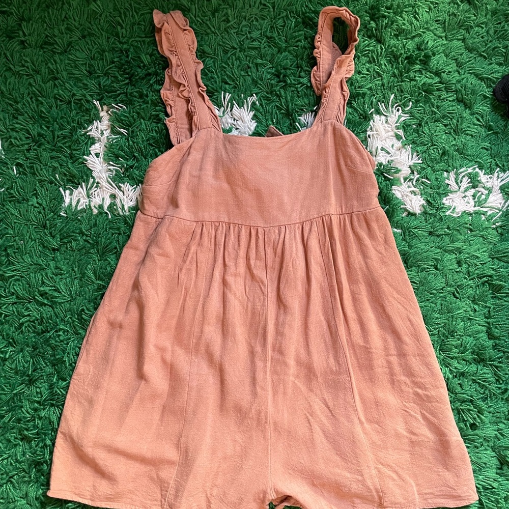 Salmon Square Neck Ruffle Strap Linen Maternity Romper